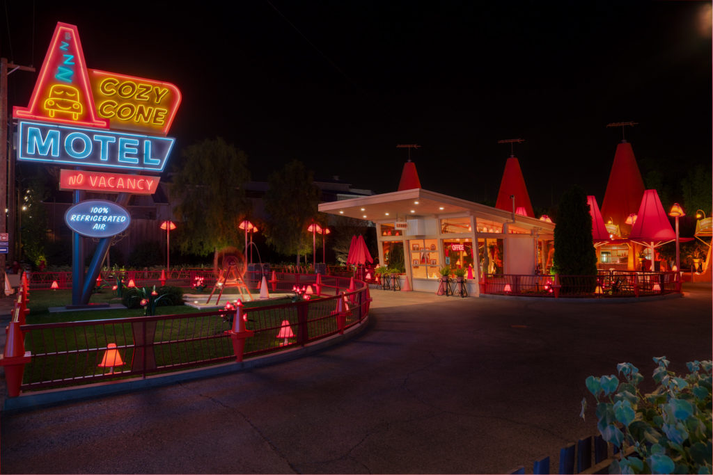A photo of Sally’s Cozy Cone Motel built in Cars Land. The cone shaped buildings are modelled after the motel in the Cars movie.