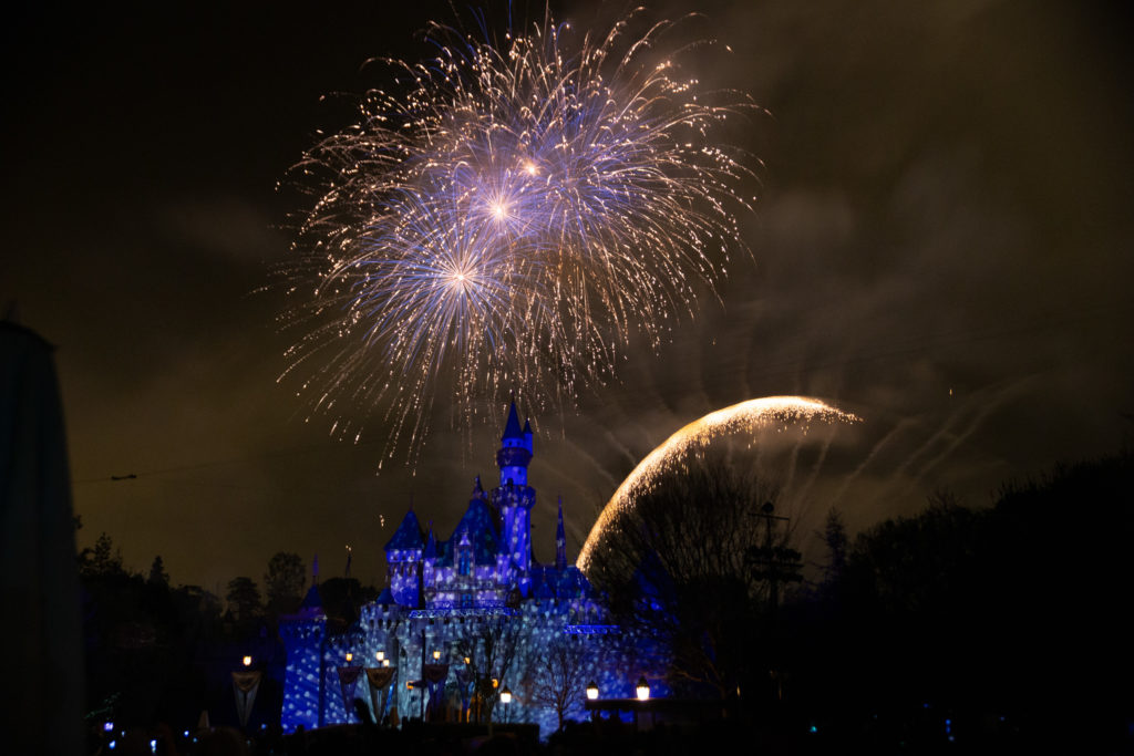 Fireworks burst above Sleeping Beauty Castle in Disneyland.