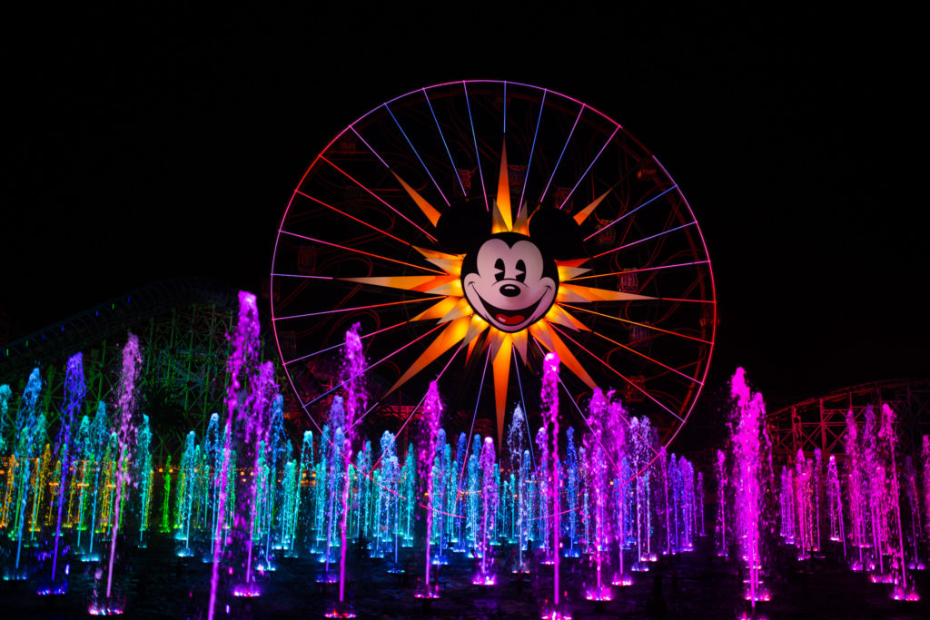 A photo of the rainbow coloured fountains of Disney California Adventure’s World of Color show.